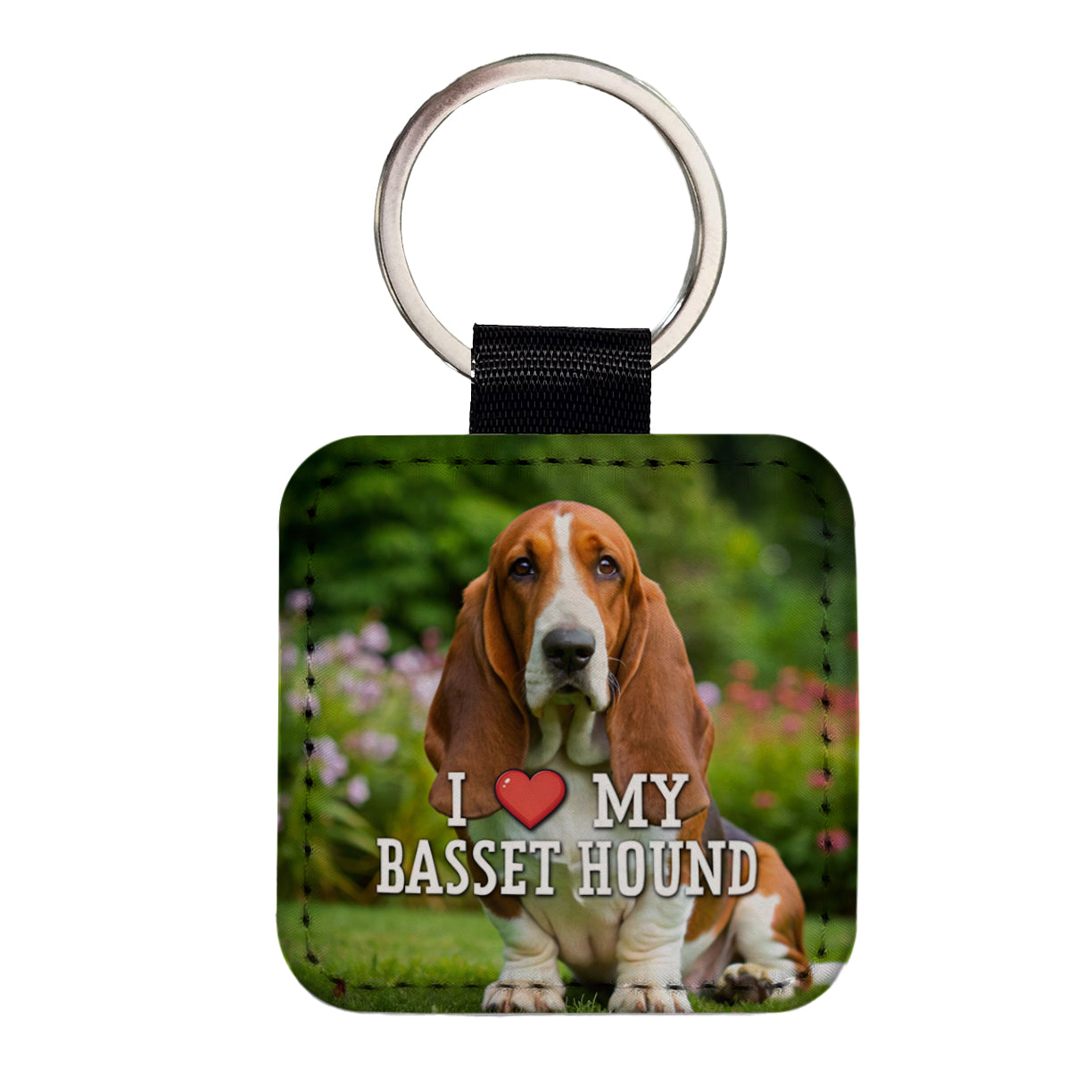 I Love My Basset Hound Dog Heart Square Faux Leather Keychain