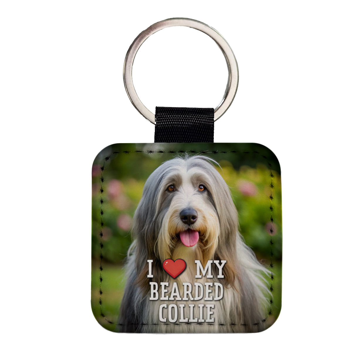 I Love My Bearded Collie Dog Heart Square Faux Leather Keychain