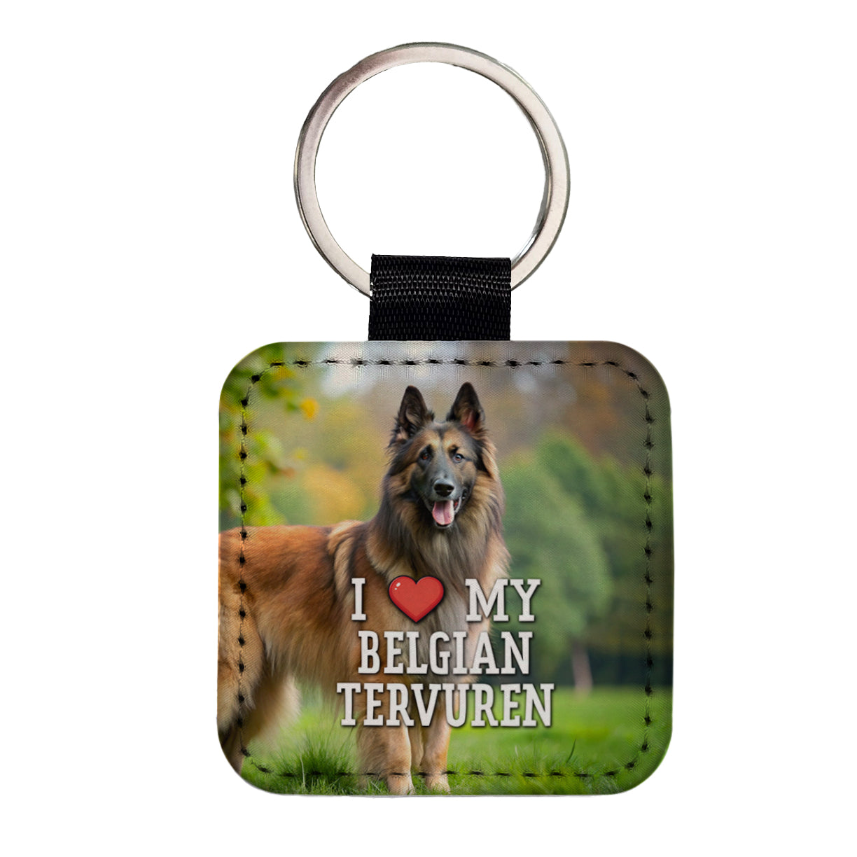I Love My Belgian Tervuren Dog Heart Square Faux Leather Keychain