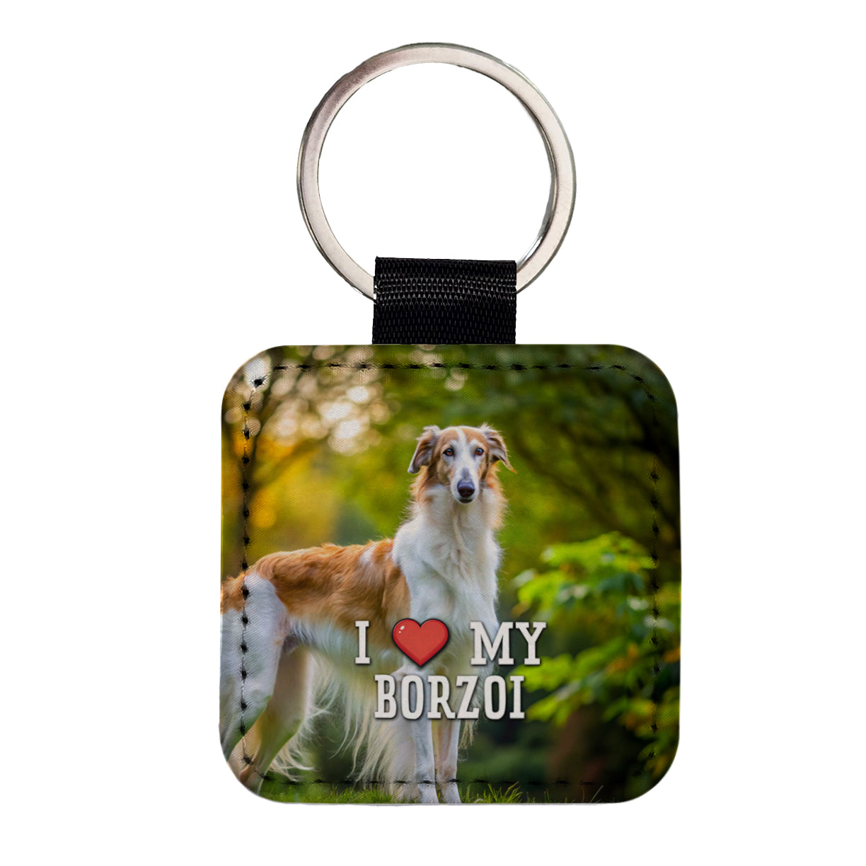 I Love My Borzoi Dog Heart Square Faux Leather Keychain