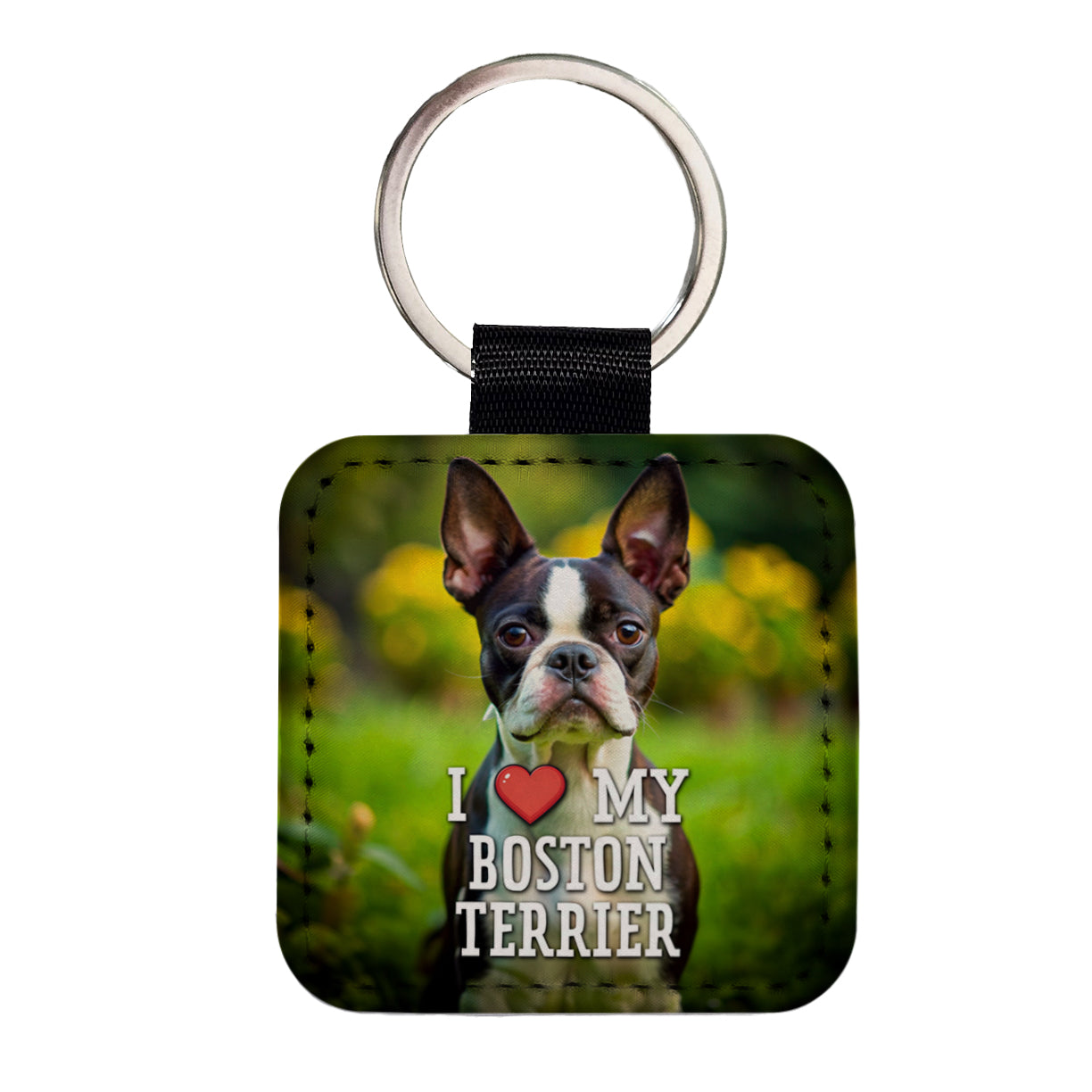 I Love My Boston Terrier Dog Heart Square Faux Leather Keychain