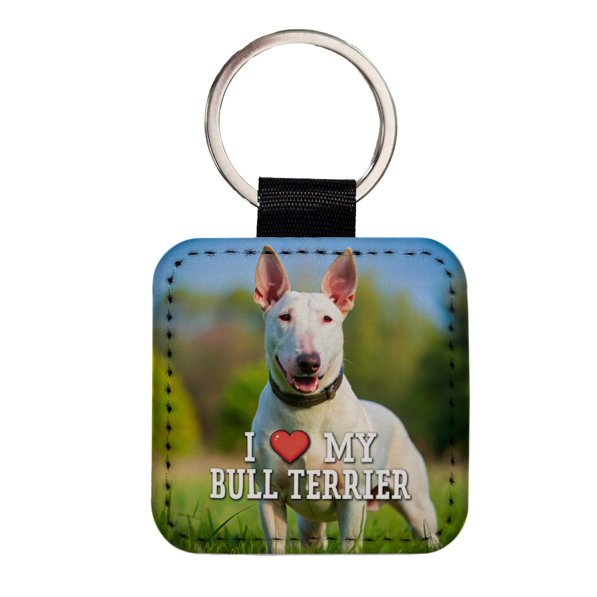 I Love My Bull Terrier Dog Heart Square Faux Leather Keychain