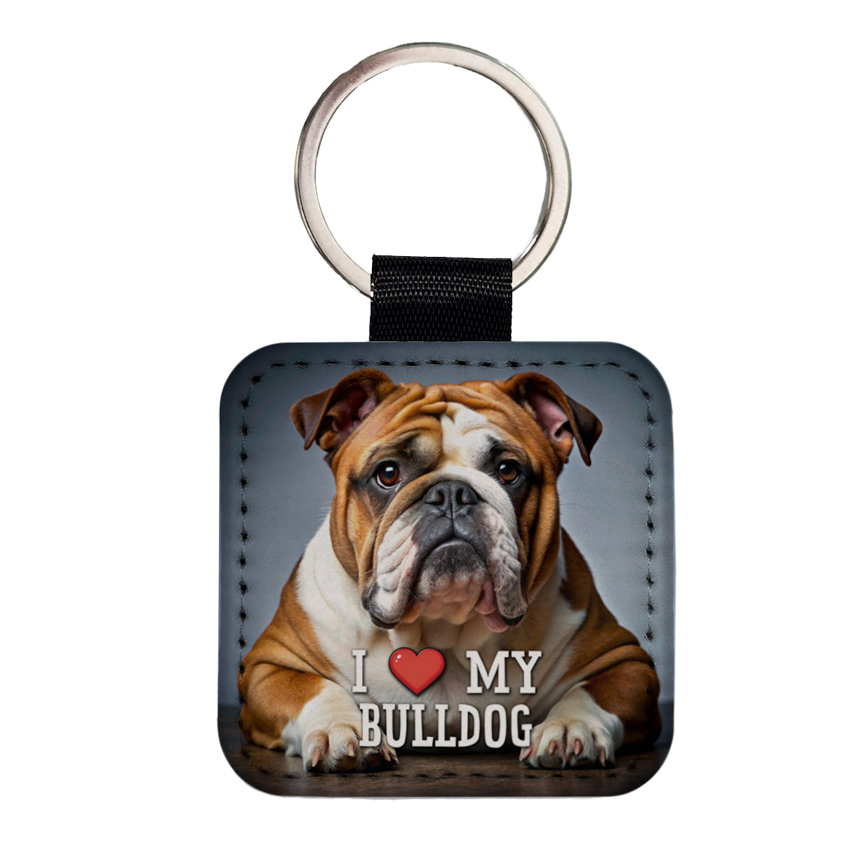I Love My Bulldog Dog Heart Square Faux Leather Keychain