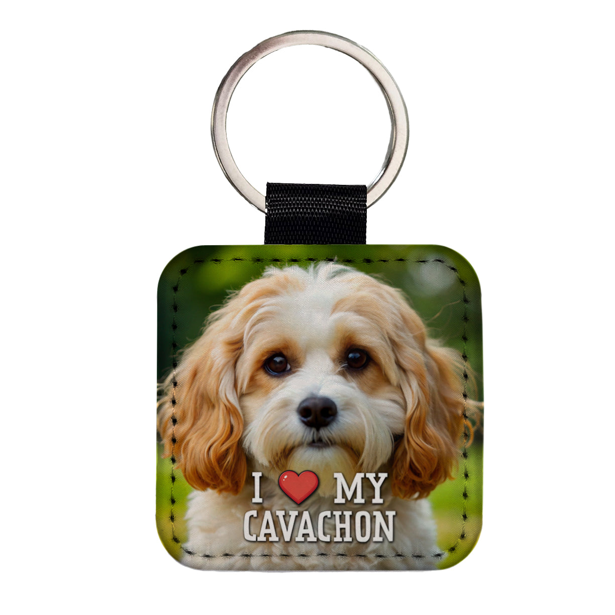 I Love My Cavachon Dog Heart Square Faux Leather Keychain