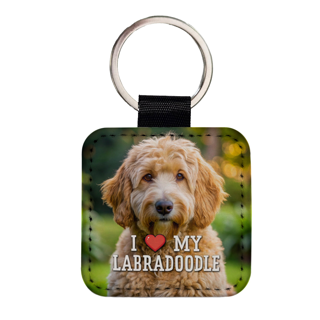 I Love My Labradoodle Dog Heart Square Faux Leather Keychain