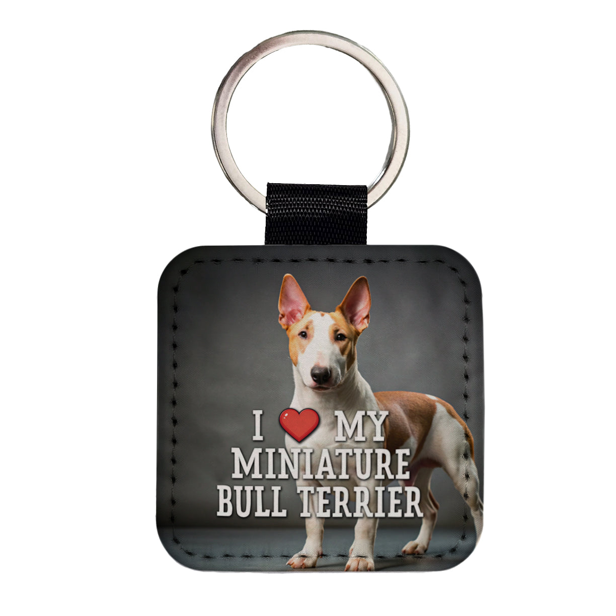 I Love My Miniature Bull Terrier Dog Heart Square Faux Leather Keychain