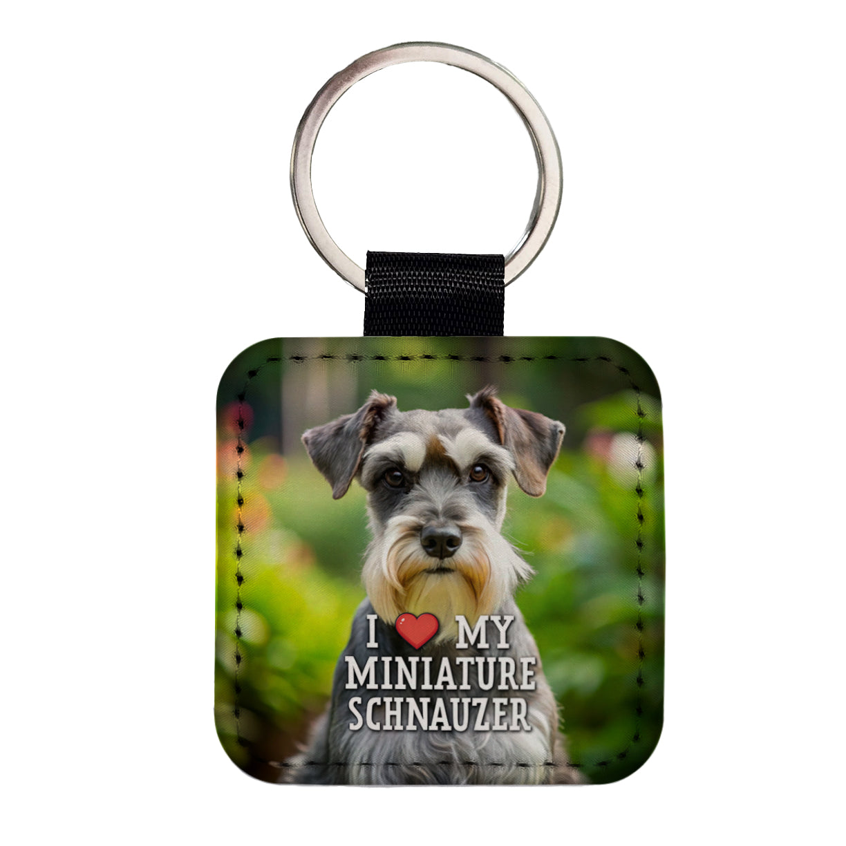 I Love My Miniature Schnauzer Dog Heart Square Faux Leather Keychain