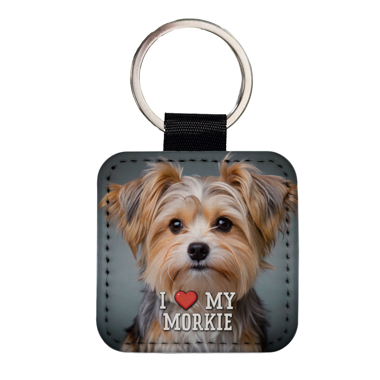 I Love My Morkie Dog Heart Square Faux Leather Keychain
