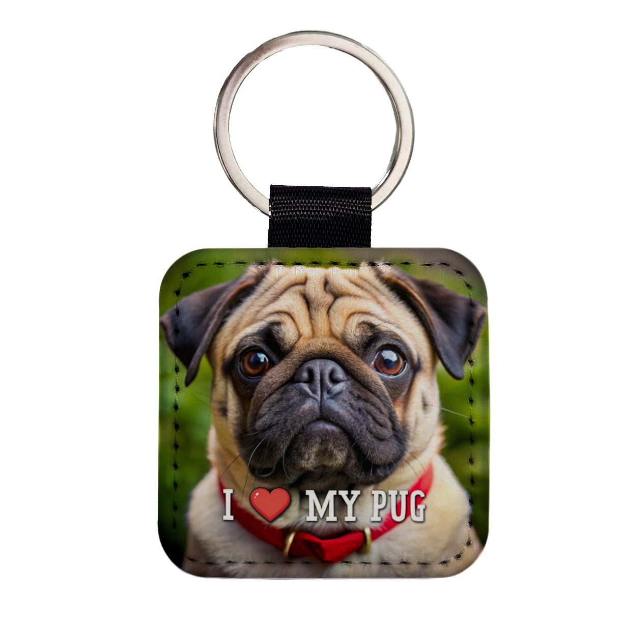 I Love My Pug Dog Heart Square Faux Leather Keychain