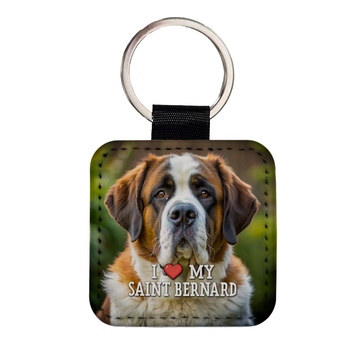 I Love My Saint Bernard Dog Heart Square Faux Leather Keychain