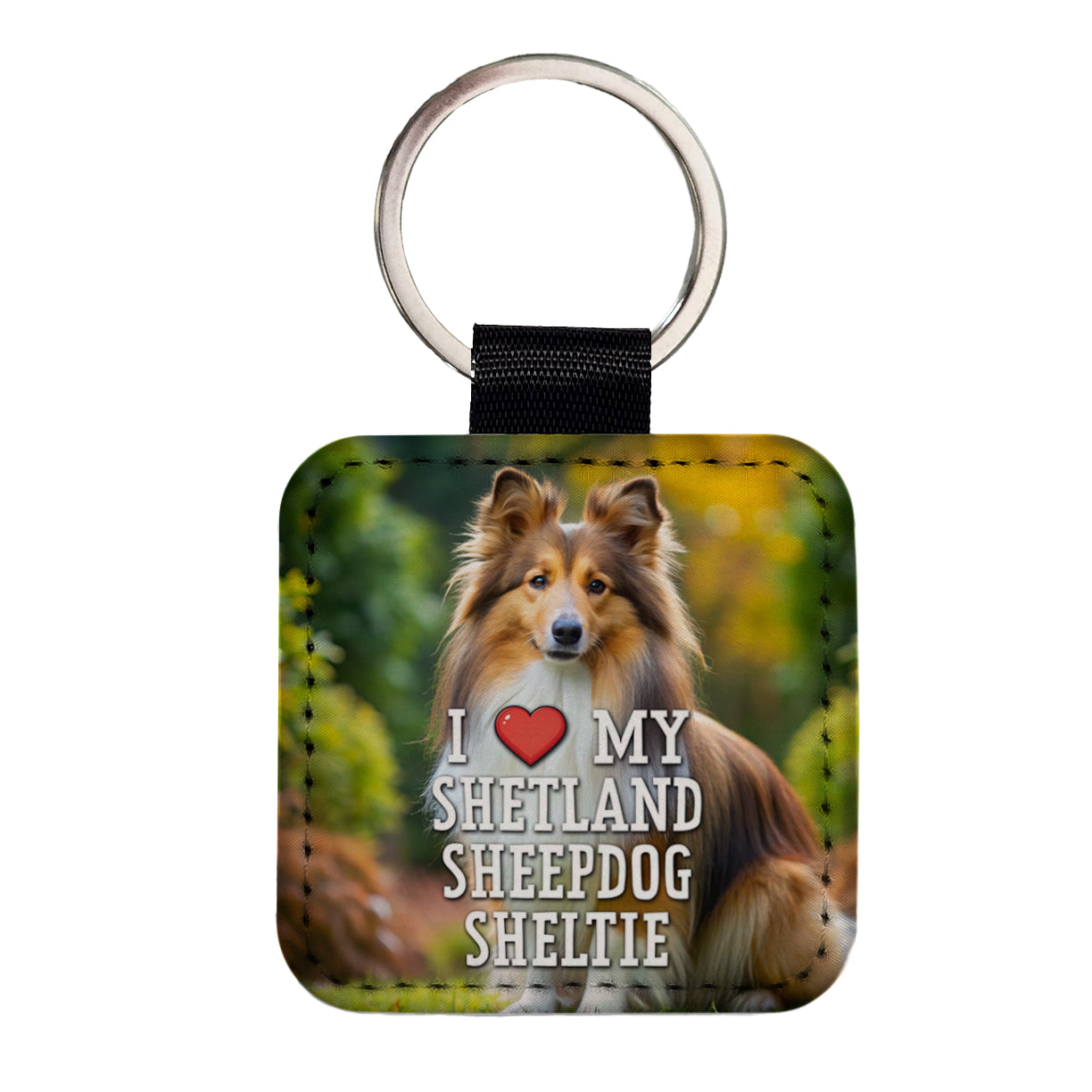 I Love My Shetland Sheepdog Sheltie Dog Heart Square Faux Leather Keychain