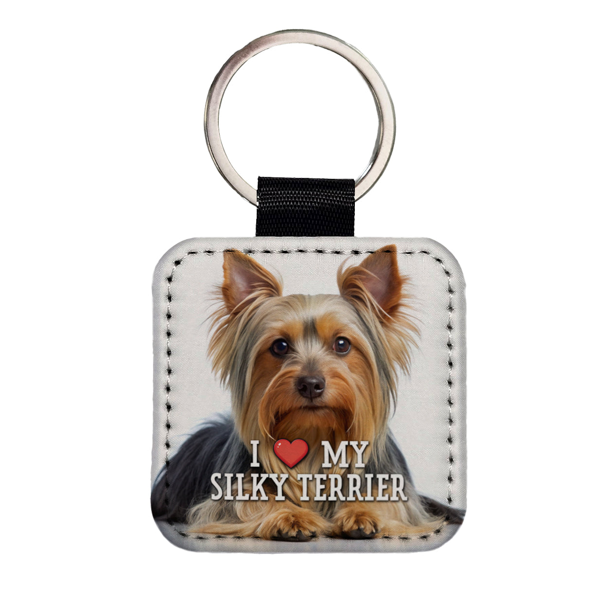 I Love My Silky Terrier Dog Heart Square Faux Leather Keychain