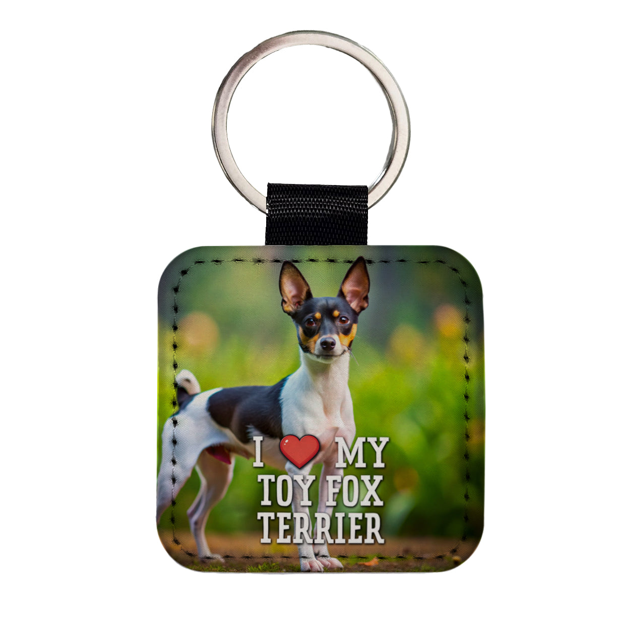 I Love My Toy Fox Terrier Dog Heart Square Faux Leather Keychain