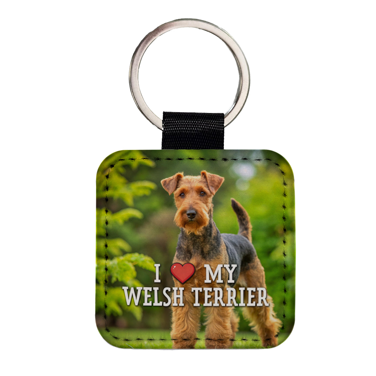 I Love My Welsh Terrier Dog Heart Square Faux Leather Keychain