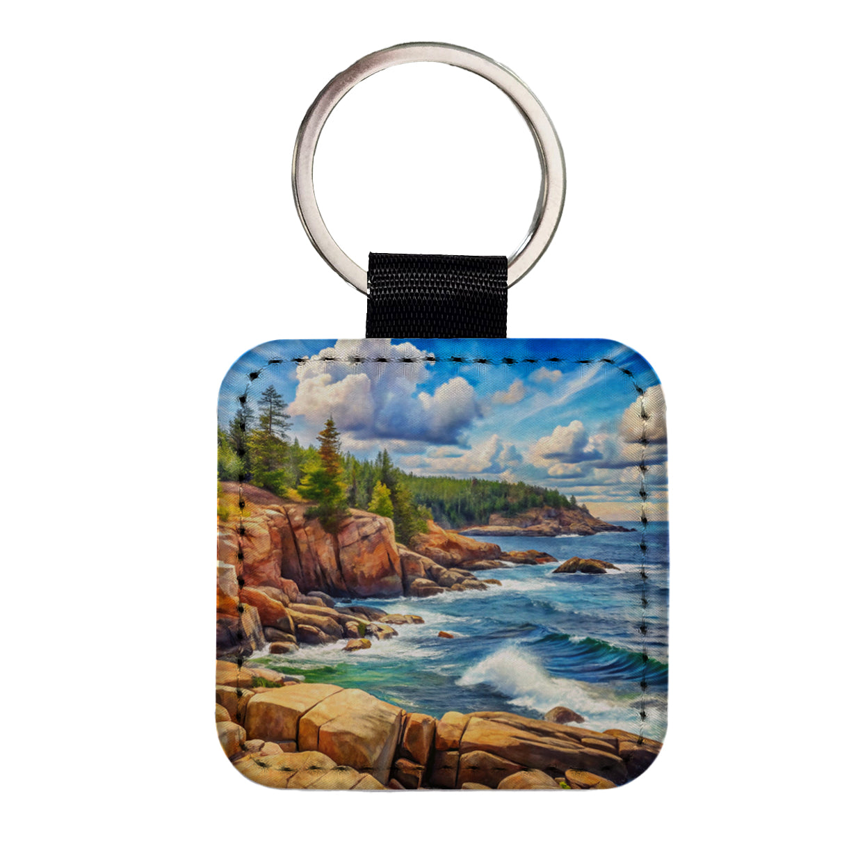 Acadia National Park Maine Watercolor Style Square Faux Leather Keychain