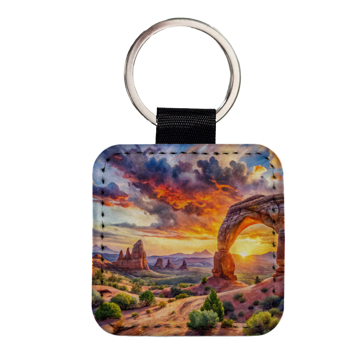 Arches National Park Utah Watercolor Style Square Faux Leather Keychain