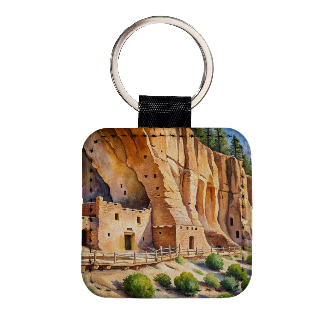 Bandelier National Monument New Mexico Watercolor Style Square Faux Leather Keychain