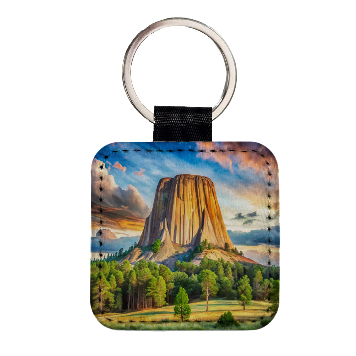 Devils Tower National Monument Wyoming Watercolor Style Square Faux Leather Keychain