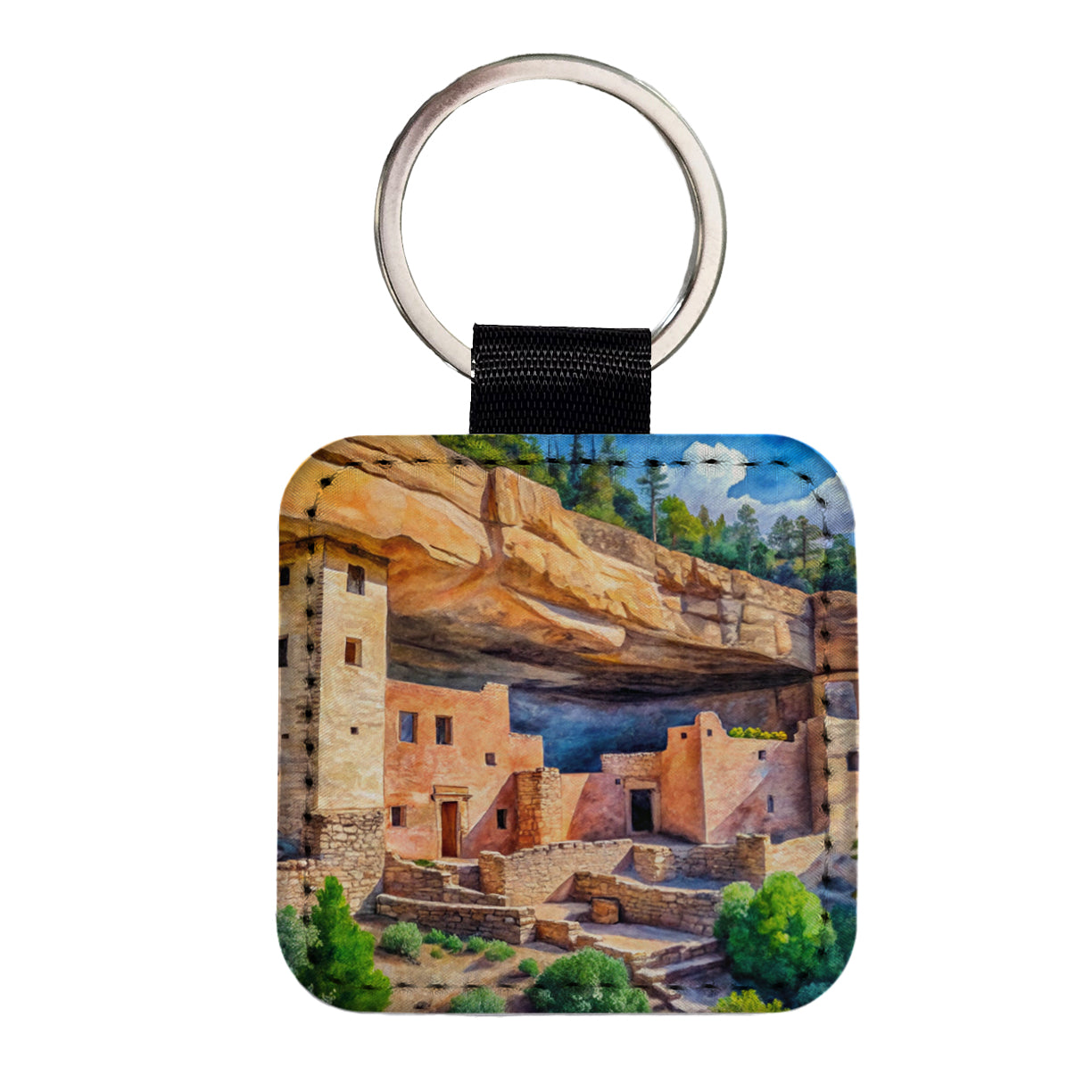 Gila Cliff Dwellings National Monument New Mexico Watercolor Style Square Faux Leather Keychain