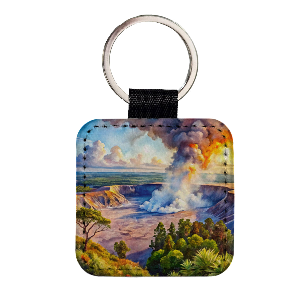 Hawai'i Volcanoes National Park Watercolor Style Square Faux Leather Keychain