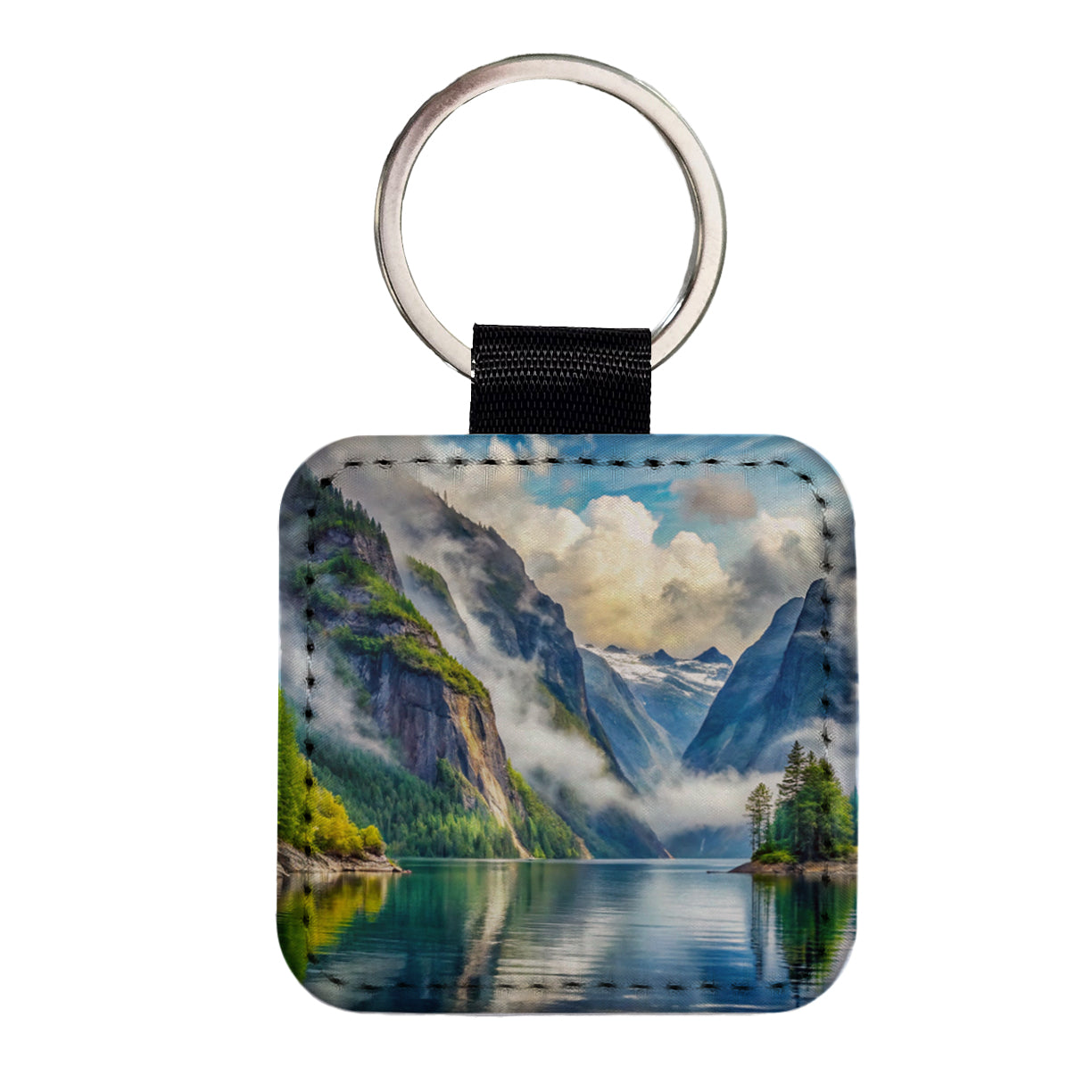 Misty Fjords National Monument Alaska Watercolor Style Square Faux Leather Keychain