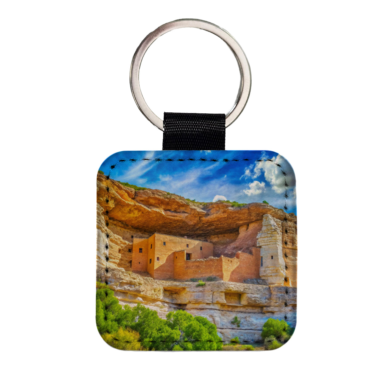 Montezuma Castle National Monument Arizona Watercolor Style Square Faux Leather Keychain