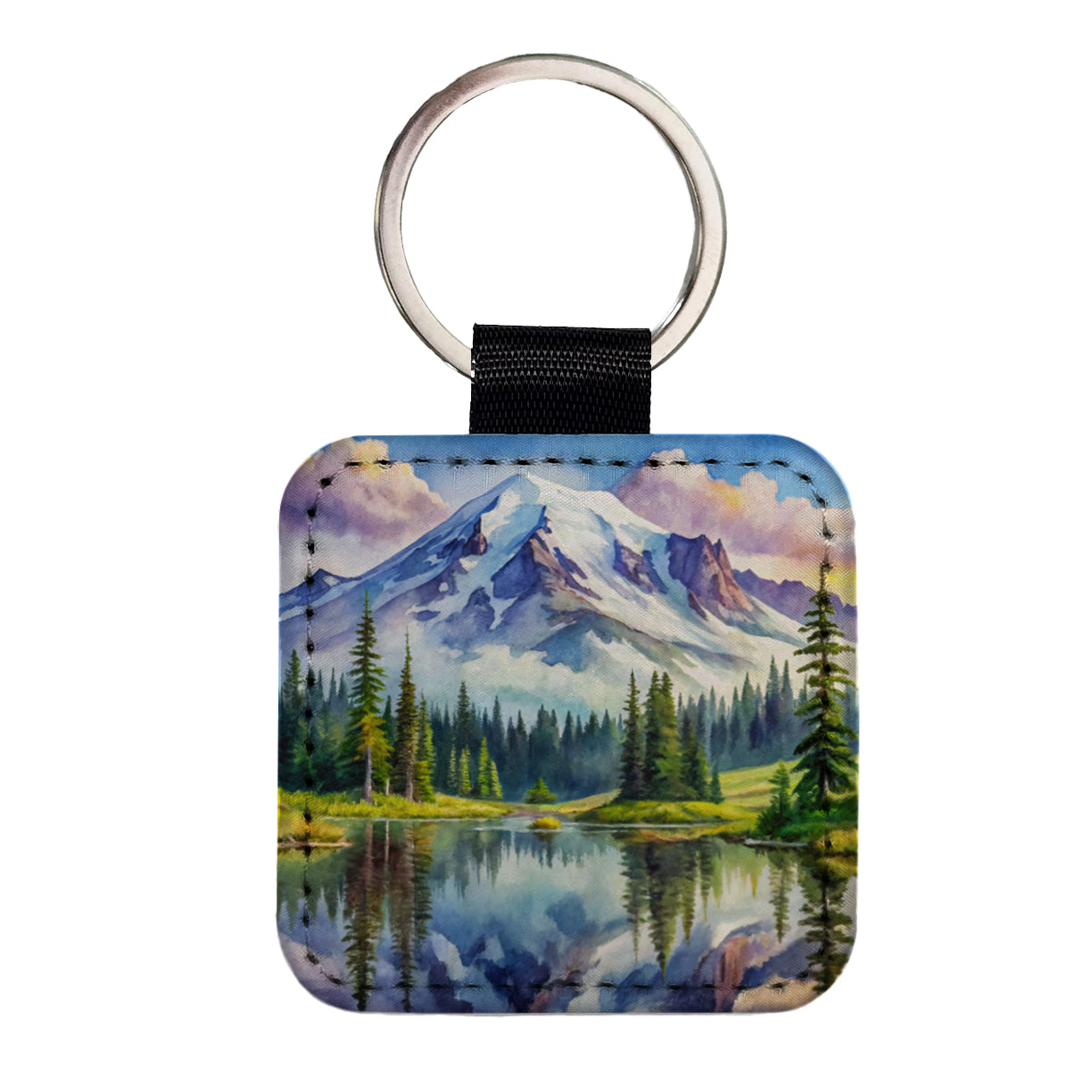 Mount Rainier National Park Washington Watercolor Style Square Faux Leather Keychain