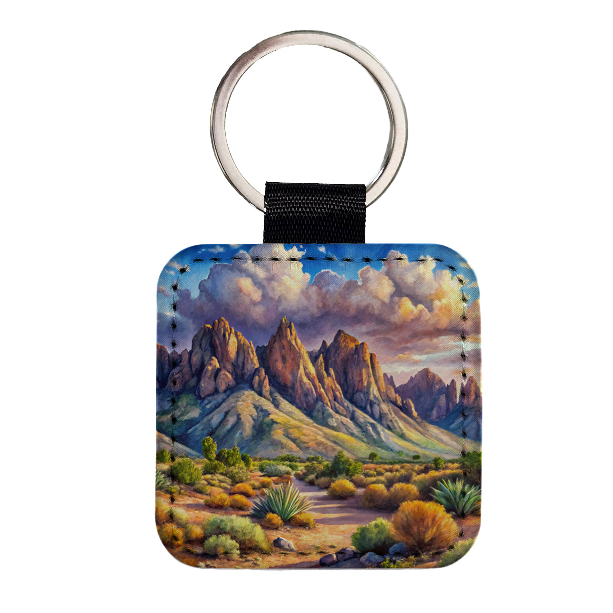Organ Mountains-Desert Peaks National Monument New Mexico Watercolor Style Square Faux Leather Keychain