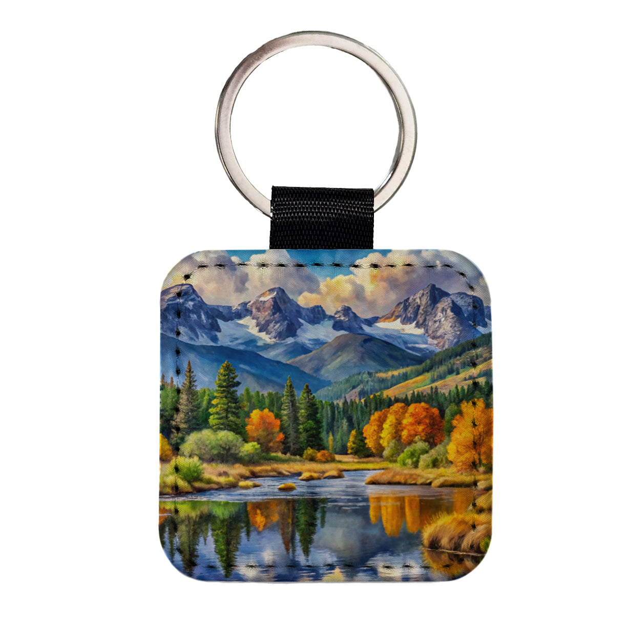 Rocky Mountain National Park Colorado Watercolor Style Square Faux Leather Keychain