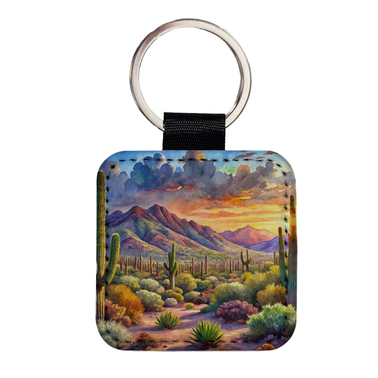 Saguaro National Park Arizona Watercolor Style Square Faux Leather Keychain