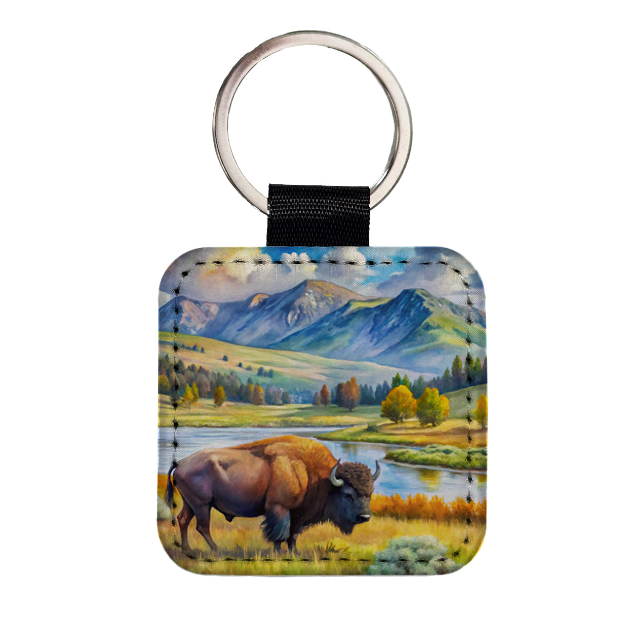 Yellowstone National Park Lamar Valley Watercolor Style Square Faux Leather Keychain