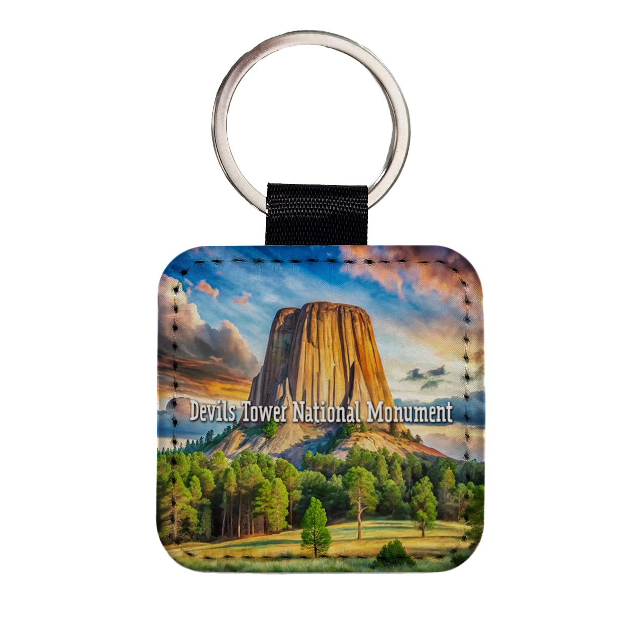 Devils Tower National Monument Wyoming Square Faux Leather Keychain
