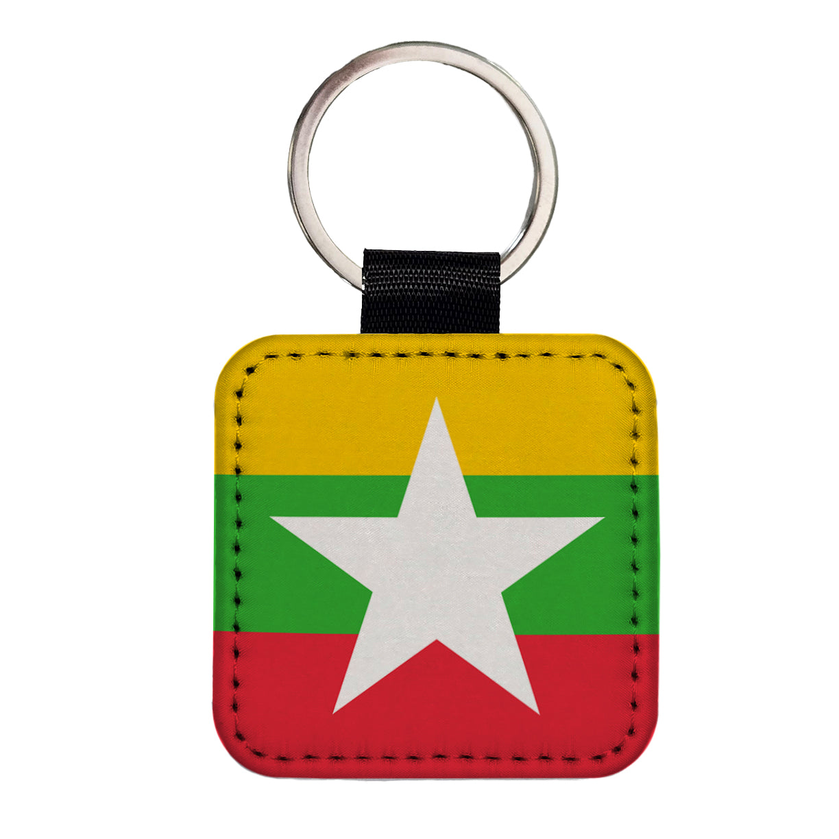 Myanmar Country Flag Square Faux Leather Keychain