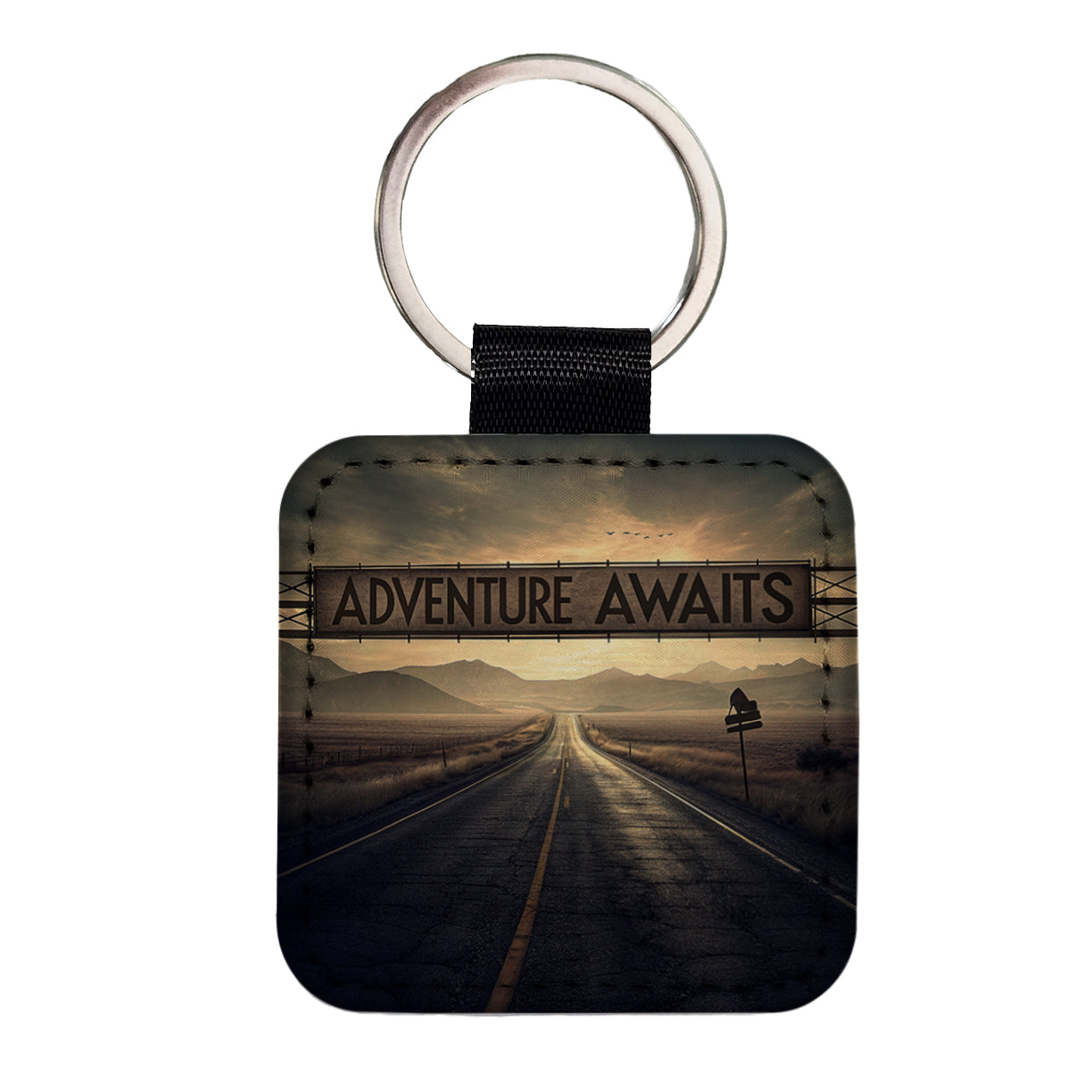 Adventure Awaits Highway Vanishing Point Square Faux Leather Keychain