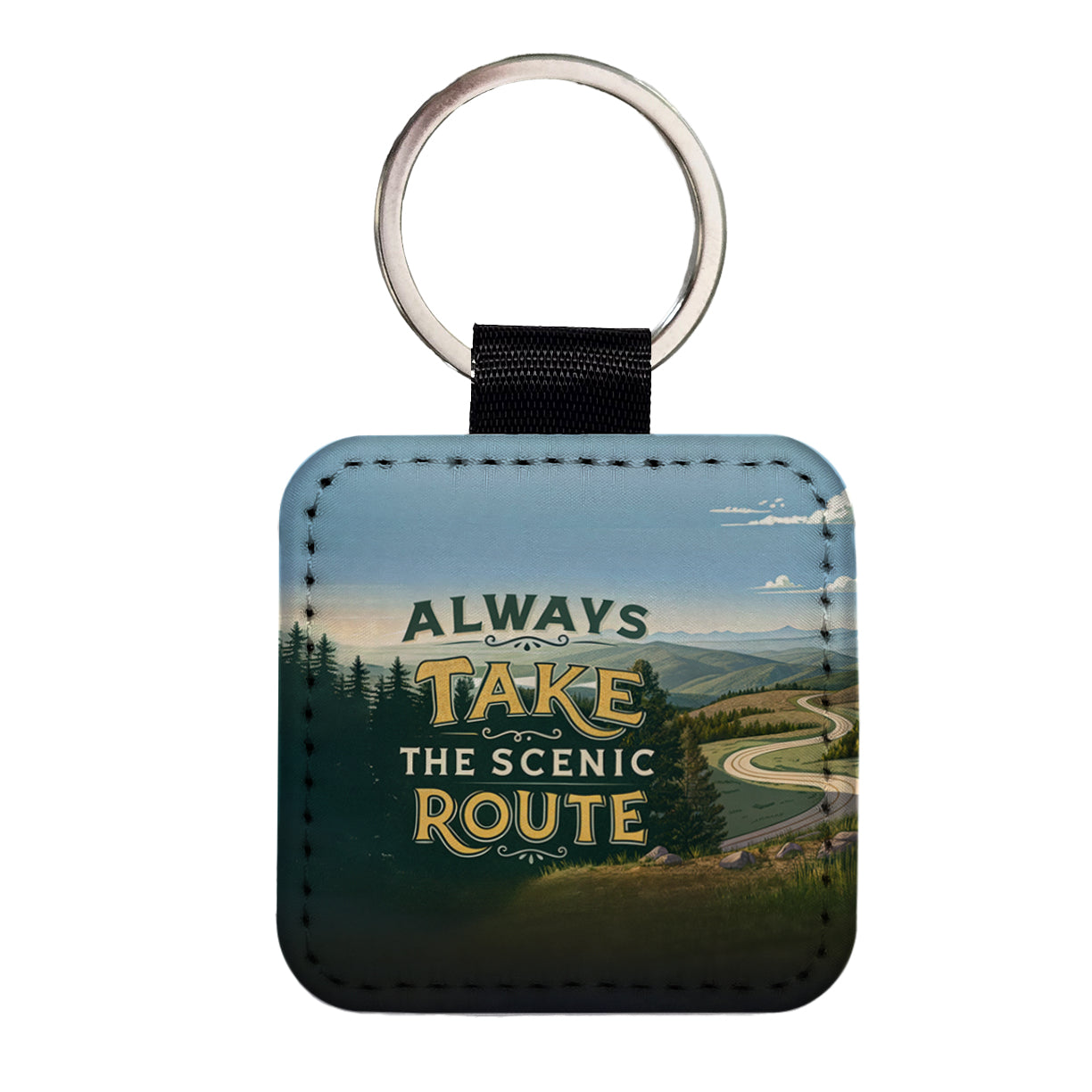 Always Take The Scenic Route Driving Square Faux Leather Keychain
