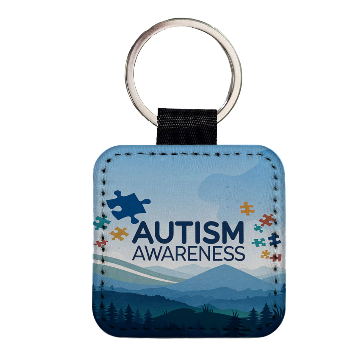 Autism Awareness Flying Puzzle Pieces Square Faux Leather Keychain