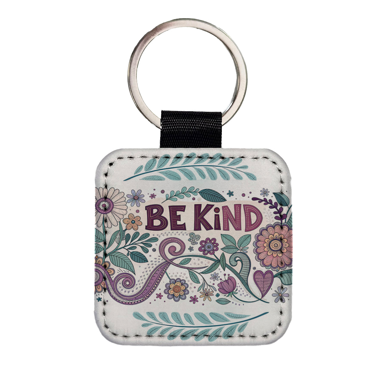 Be Kind Hippie Floral Pattern Square Faux Leather Keychain
