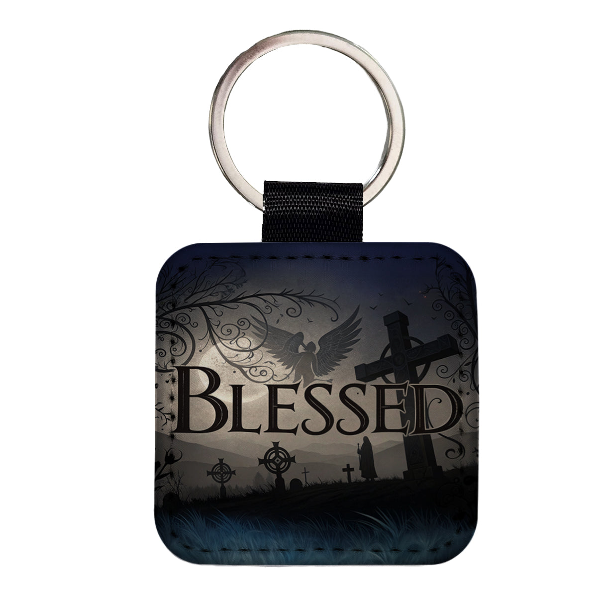Blessed Angels Crosses Religious Square Faux Leather Keychain