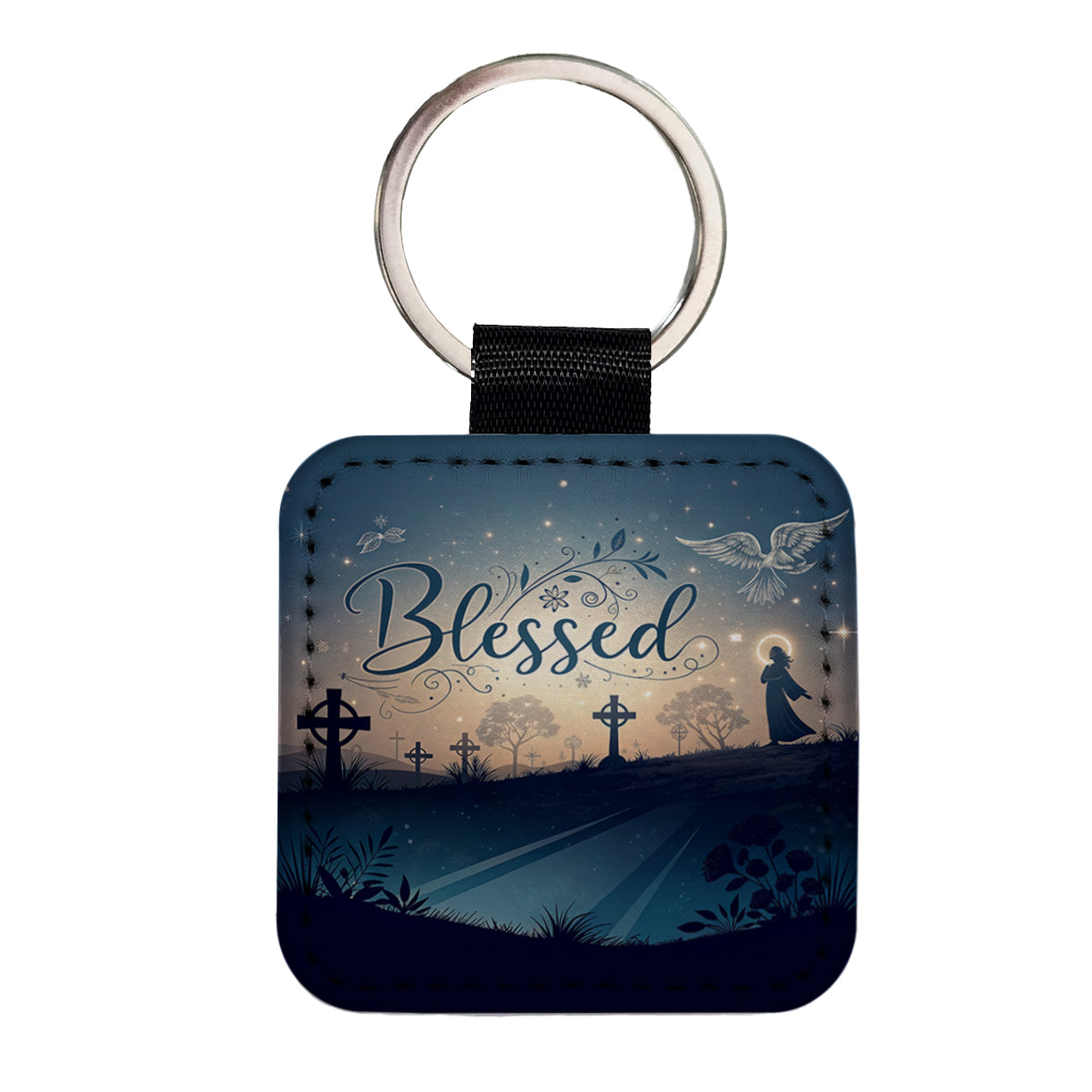 Blessed Religious Crosses Square Faux Leather Keychain