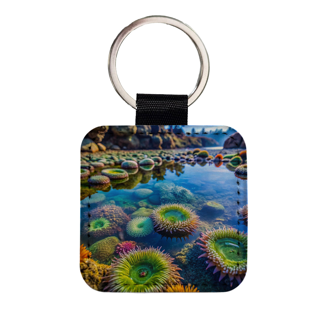 Colorful Ocean Beach Tide Pool Square Faux Leather Keychain