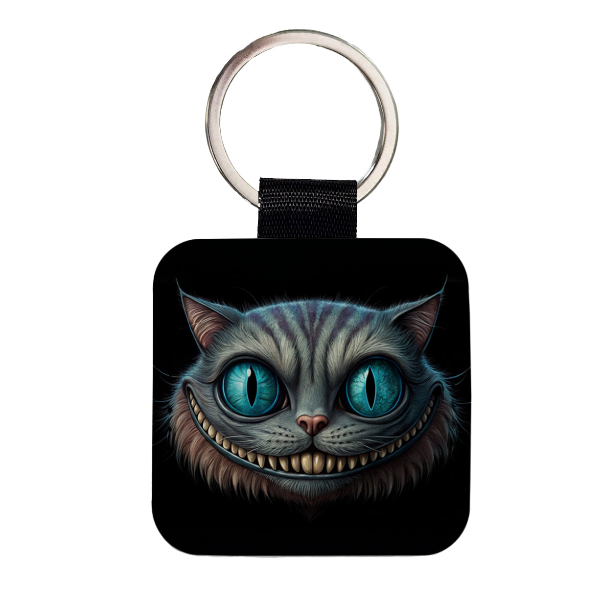 Creepy Cheshire Cat Grin on Black Square Faux Leather Keychain