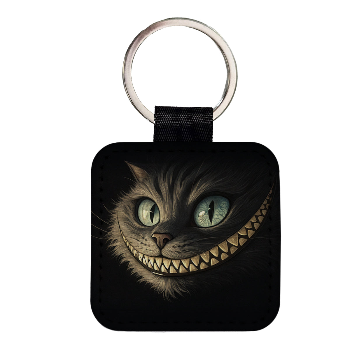 Funny Cheshire Cat Grin on Black Square Faux Leather Keychain