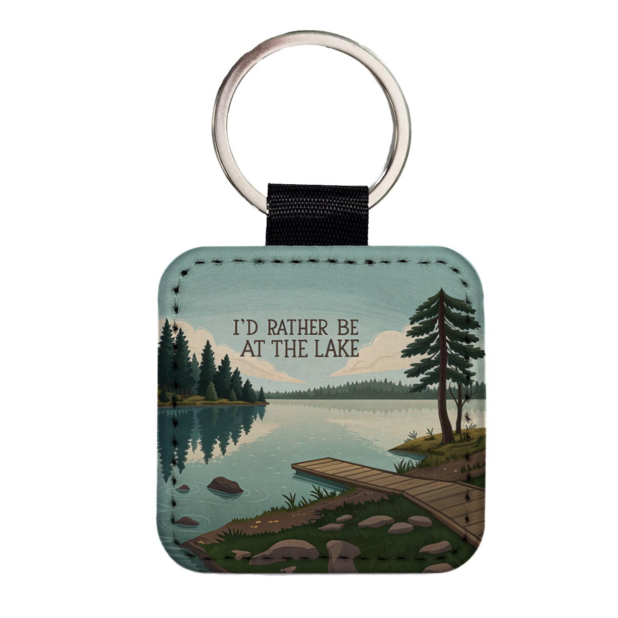 I'd Rather Be At The Lake Square Faux Leather Keychain