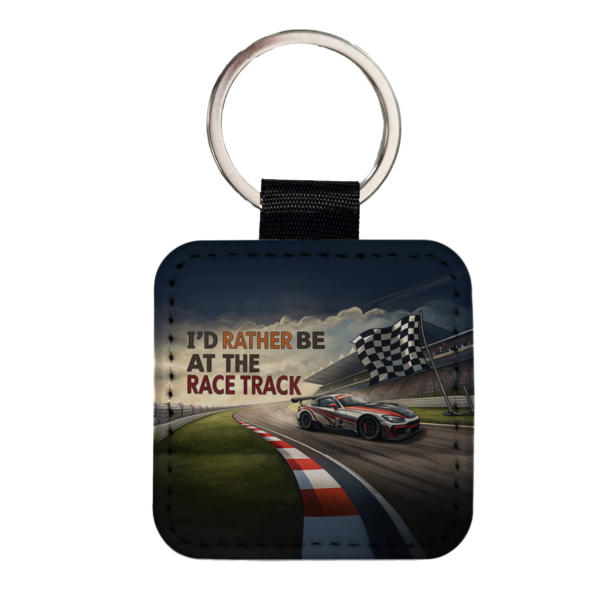 I'd Rather Be At The Race Track Checkered Flag Square Faux Leather Keychain
