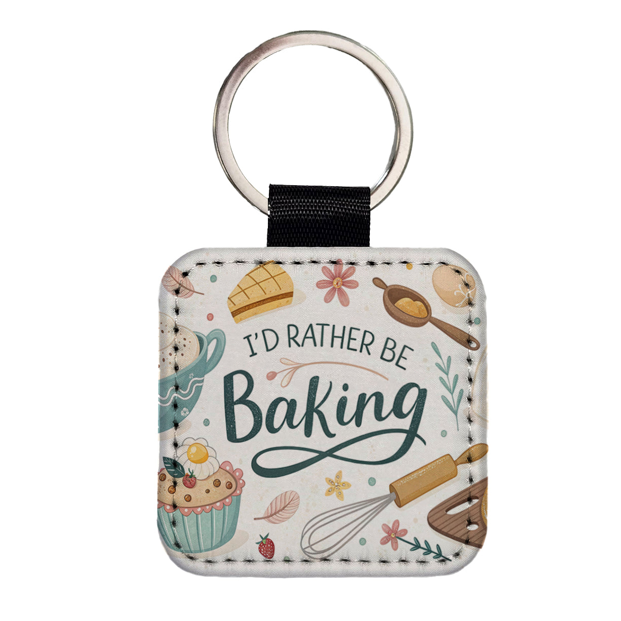 I'd Rather Be Baking Square Faux Leather Keychain