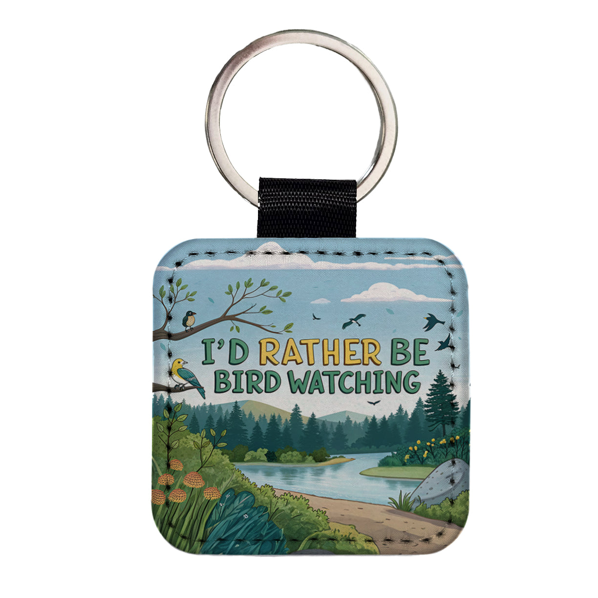 I'd Rather Be Bird Watching Birding Square Faux Leather Keychain