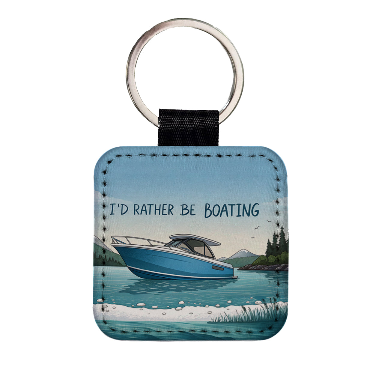 I'd Rather Be Boating Square Faux Leather Keychain