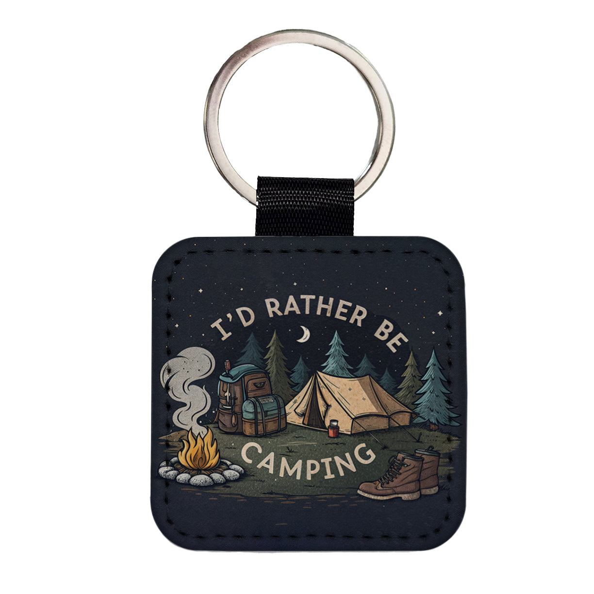 I'd Rather Be Camping Outdoors Hiking Square Faux Leather Keychain