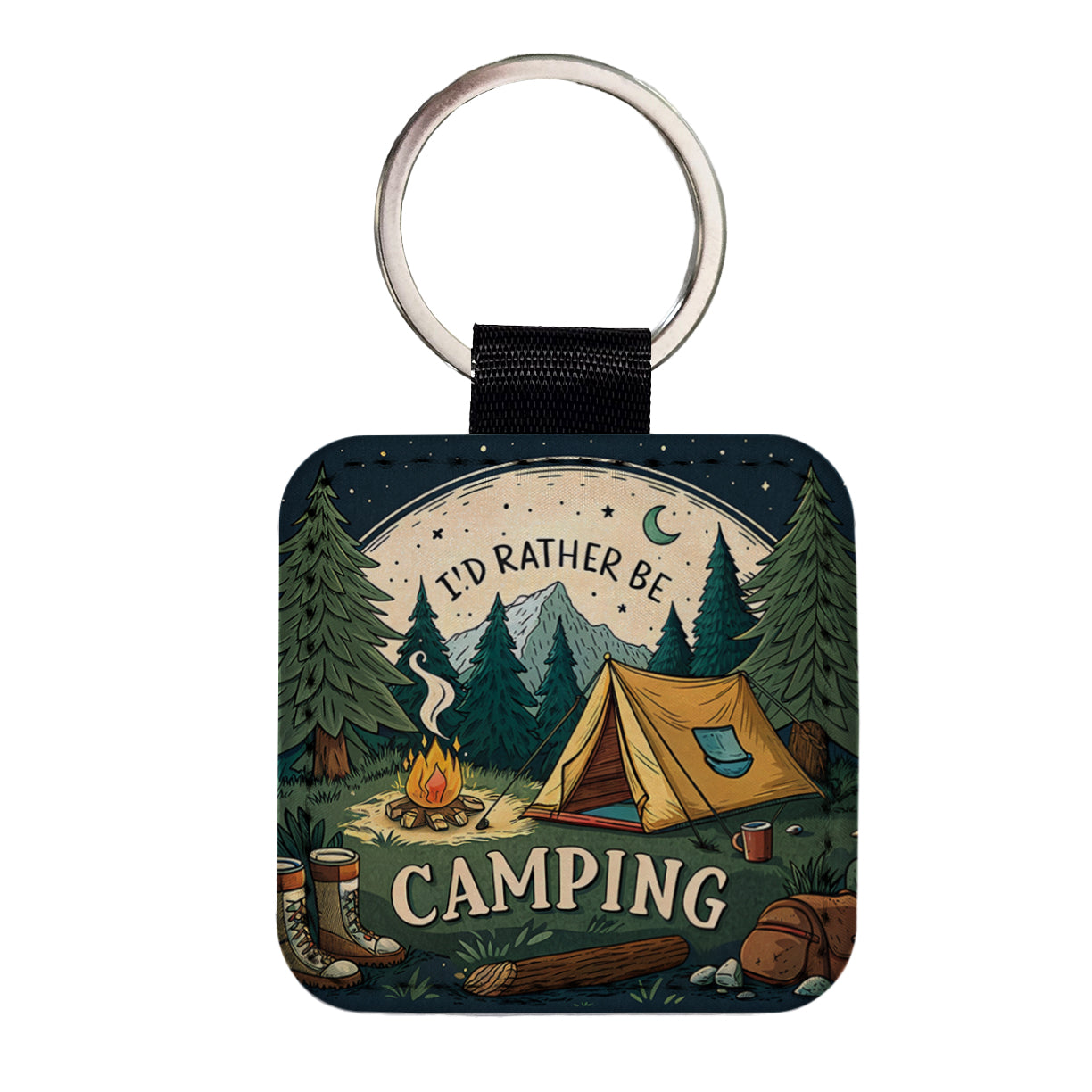 I'd Rather Be Camping Wilderness Tent Square Faux Leather Keychain
