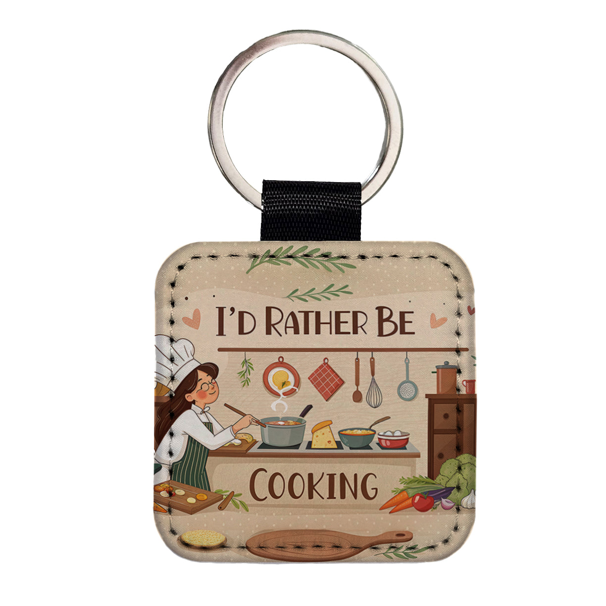 I'd Rather Be Cooking Cook Square Faux Leather Keychain